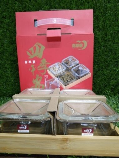 Picture of Glass Square Serving Plate Bowl Stand with Bamboo Base Tray for Dessert Snack Fruit Dried Fruit